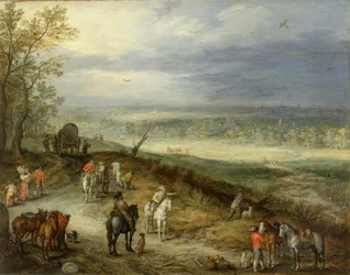Kiterjedt tájkép utazókkal egy országúton, 1608-10 körül (olaj, réz)