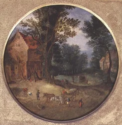 Flamand táj szekerekkel és figurákkal (tondo, panel)