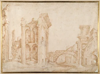 Az ókori Nerva Fórum romjai, Róma ("The Forum Transiterius") a Campanile SS távolában. Quirico és Giuletta (toll és tinta papíron)