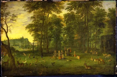 VII. Albrecht osztrák főherceg és Isabella Clara Eugénia főhercegnő sétál a brüsszeli királyi kastély parkjában, 1621