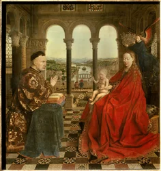 Rolin kancellár Madonnája. Nicolas Rolin (1376-1461) Burgundia kancellárja volt Jó Fülöp alatt, és 1443-ban megalapította a Hospices de Beaune-t. Jan van Eyck (1390-1441) festménye. 15. század. Sun. 0,66x0,62 m Párizs