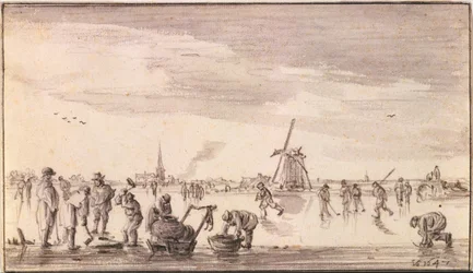 Téli táj korcsolyázókkal és halászokkal