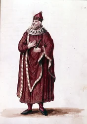 Egy dózse a 11. században. Akvarell rajz és tus Jan van Grevenbroek (vagy Giovanni Grevenbroich (Grevenbroich) (1731-1807) „A velencei szokások” című kéziratából