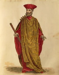 Capitano Generale Da Mar (haditengerészet főkapitánya), a Serenissima Köztársaság Velencei Köztársaságban, Jan van Grevenbroeck vagy Giovanni Grevembroch (1731-1807), Gli Donne de Veneziani, illusztrált jelmezkönyvből, akvarell