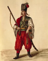 Karabiner egyenruha, Jan van Grevenbroeck vagy Giovanni Grevembroch (1731-1807), Gli Donne de Veneziani, illusztrált jelmezkönyvből, akvarell