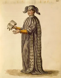 Orvosi köntös, Jan van Grevenbroeck vagy Giovanni Grevembroch (1731-1807), Gli Abiti de Veneziani, a jelmezek illusztrált könyvéből, akvarell.