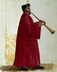 Fuvola Akvarellrajz és tus Jan van Grevenbroek (vagy Giovanni Grevenbroich (Grevenbroich) (1731-1807) „Velencek szokásai” című kéziratából
