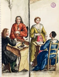Házassági iroda, illusztráció a Velencei viseletek illusztrált könyvéből, Jan Grevenbroeck (1731-1807), akvarell, Olaszország