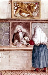 Zálogház. A kegyesség hegye Velencében. Akvarell rajz és tus Jan van Grevenbroeck (vagy Giovanni Grevembroch (Grevenbroch) (1731-1807) „A velencei szokások” című kéziratából