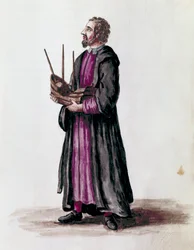 Egy haditengerészeti építész ábrázolásaként az általa épített hajó miniatűr makettjét tartotta a kezében Detail. Akvarell rajz és tus Jan van Grevenbroeck (vagy Giovanni Grevembroch (Grevenbroch) (1731-1807) „A velencei szokások” című kéziratából