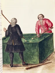 Két velencei nemes biliárdoz, Jan Grevenbroeck (1731-1807), metszet, Olaszország
