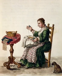 Puntot készítő nő ária tűcsipkében, kb 1754, illusztráció a Velencei viseletek illusztrált könyvéből, III. kötet, c 147, Jan Grevenbroek (1731-1807), akvarell, Olaszország