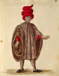 Fiatal férfi "Dogalinát" viselő, hivatalos köntösben széles ujjal, Jan van Grevenbroeck vagy Giovanni Grevembroch (1731-1807), Gli Abiti de Veneziani, illusztrált jelmezkönyvből, akvarell
