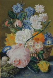 Rózsák, hajnalka, nárciszok, őszirózsák és más virágok egy kosárban, tojásokkal egy márványpárkányon lévő fészekben, 1744