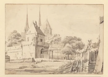 Kilátás a Bergpoortra és a Bergkerkre Deventerben