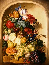 Still life: flowers and fruit (oil on panel)