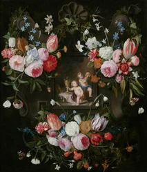 Virágos kartuszi csendélet egy allegorikus Putti-kép körül, drága tárgyakkal és egy maszkkal, 1648