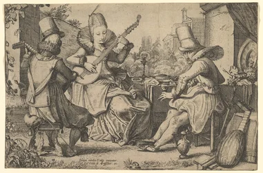 Két elegánsan öltözött férfi és egy nő a kertben, 1613-41.