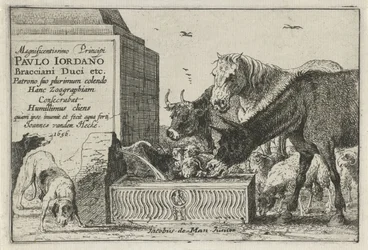 Állatok a szökőkút mellett Állatokat ábrázoló nyomatsorozat címlenyomata Állatok (sorozat címe) Zoographiam (sorozat címe az objektumon)