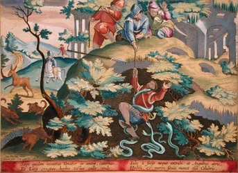 A kígyók gödöréből kimentett vadász, 41. tábla „Venationes Ferarum, Avium, Piscium” (Vadászatról: Vadállatok, madarak, halak) Jan Collaert (1566-1628) metszetével, Phillipus Gallaeus Amszterdamból (kézzel színezett)