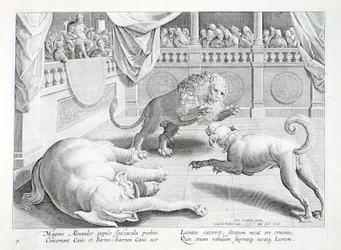 Nagy Sándor látványt, oroszlán, kutya és elefánt harcot állít fel, illusztráció a „Venationes, Ferarum, Avium, Piscium” (A vadászatról: Vadállatok, madarak, halak) című könyvből, Jan Collaert (1566-1628), kocsma. . írta: Phillipus Gallaeus, Amszterdam (met