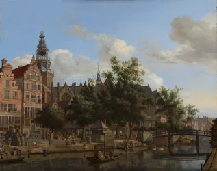Kilátás az Oudezijds Voorburgwalra az Oude Kerkkel Amszterdamban
