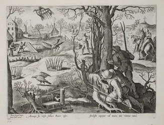 Madárfogók patkánycsali csapdákkal a sólymok elfogására, 64. tábla, illusztráció a „Venationes, Ferarum, Avium, Piscium” (Vadászatról: Vadállatok, madarak, halak) című könyvből, Jan Collaert (1566-162) metszet