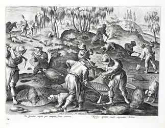 Porcupines kiásása és befogása, 54. tábla, illusztráció a „Venationes, Ferarum, Avium, Piscium” (Vadászatról: Vadállatok, madarak, halak) könyvéből, metszett: Jan Collaert (1566-1628), kocsma. Phillipus által