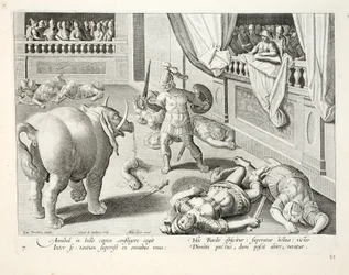 Hannibál a legyőzött rómaiakat egymás ellen harcoltatja, illusztráció a "Venationes, Ferarum, Avium, Piscium" (Vadászatról: vadállatok, madarak, halak) című könyvből, metszet: Jan Collaert (1566-1628), kiadó: Phillipus.