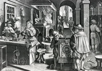 Horologia Ferrea, az „Nova Reperta” 5. táblája, metszette Philip Galle, kb. 1580-1605