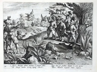 Vadászok, akik sólymot használnak libavadászatra, illusztráció a „Venationes, Ferarum, Avium, Piscium” (A vadászatról: Vadállatok, madarak, halak) című könyvből, Jan Collaert (1566-1628), kocsma. írta: Phillipus Gallaeus, A