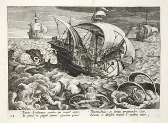 Vadászat tengeri élőlényekre, 84. tábla, illusztráció a „Venationes, Ferarum, Avium, Piscium” (A vadászatról: Vadállatok, madarak, halak) című könyvből, vésette: Jan Collaert (1566-1628), kocsma. írta: Phillipus Gallaeus, Amste