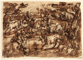 Recto: Bikavadászat Lasszóval; Verso, fent: Medvevadászat Men in Armour; Verso, lent: Majmok vadászata csalással; a Venationes sorozat összes előzetes terve