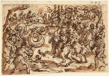 Recto: Attilius Regulus római konzul harcban egy óriási afrikai kígyóval, Plinius Természetrajzából, 8. könyv, ch. 14; Verso: Ptyolomy hálóval elkap egy óriási kígyót, a Diodorus Siculusból, Bibliotheca Historica III, 37