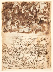 Recto, fent: Diana és Actaeon; Recto, lent: Kanvadászat; Verso, fent: két férfifej vizsgálata; Verso, lent: Anna és Joachim találkozása az Aranykapunál, A Krisztus-gyermek körülmetélkedése