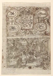 Recto, fent: A Vermis Sericus ("A selyemhernyó bemutatása") nyomatsorozat címlapjának előzetes terve; Recto, lent: Előzetes terv pl. 3 (A selyemhernyó tojások inkubációja); Verso, fent: Hiányos előzetes tervezés a címlaphoz