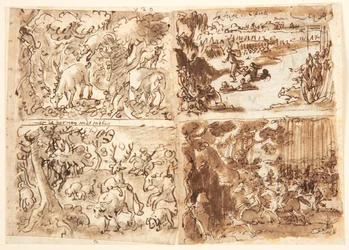 Recto, balra fent: Hiúz által megtámadt szarvas; jobbra fent: Cloelia és társai megszöknek Porsena táborából; lent jobbra: Női vadászat; lent balra: Szarvasvadászat, illatát rejtő szarvasbika. Verso: Két női mellszobor építészeti környezetben, előzetes des