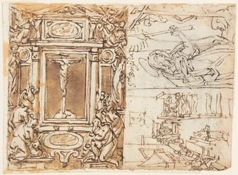 Vázlatfüzet oldal; Marcus Aurelius Antonius fiával emlékműve; Tanulmány gravírozáshoz