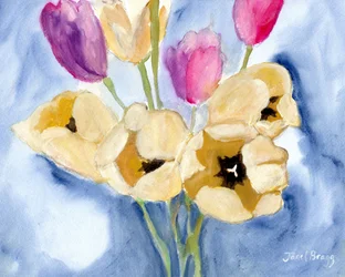 Tulipánok anya étkezőasztalán, 2016 körül (kazein és akvarell, papír)