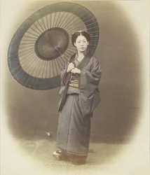 Japán nő esernyős (kézzel festett fekete-fehér fotó)