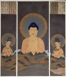 A buddhista szentháromság, Amitábha Buddha és két bódhiszattvája, Kannon (együttérzés) és Seishi (bölcsesség) megjelenése a hegyen, illusztráció a 