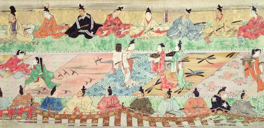 Bankettjelenet a 17. század eleji Muramatsu meséjének festett tekercséből (toll és tinta, wc, gouache, ezüst és arany papíron)
