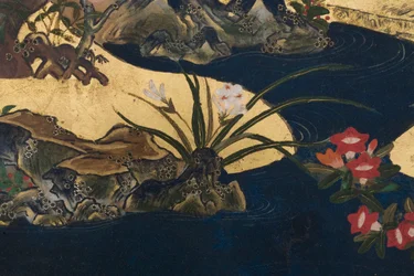 Részlet a Tavasz a palotában, hatszoros képernyő a Genji meséjéből, 1650 körül (tinta, színek és arany papíron)