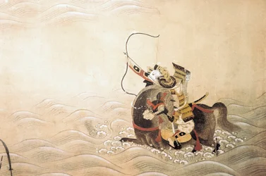 Epizód a Genpei-háborúból (1180-1185): egy íjjal felfegyverzett, lovon ülő szamuráj gázlón kel át egy folyón. A Tosa-iskola japán művészete