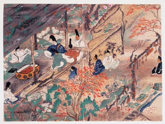 Heian államférfi és költő, Sugawara Michizane (845-903), Tenjin-San (mennyei szellem) néven ismert, a kiotói Kitano Tenman-Gu szentélyben száműzetésben osztja szét az egykori császár, Fujiwara Nobuzane (1176-1268), Kamakura által adományozott ruhákat. idős