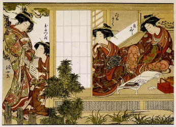 Japán nők, akik írnak és olvasnak. 18. századi nyomtatvány.