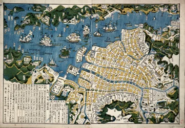 Nagaszaki térképe, Japán, 1868 körül (színes fametszet)
