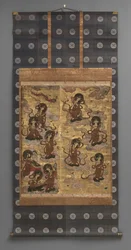 Falfestmény: Huszonöt származású bodhiszattvák (az Amitabha triád kísérői), 18. század (Triptichon függő tekercsek: tinta, szín és arany levél papíron, sárgaréz)