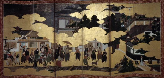 „Portugál” képernyő: portugál jezsuita misszionáriusok 16. századi Japánba érkezésének ábrázolása. A Kano Iskola (?) valósította meg. 1593-1600. Lisszaboni Ókori Művészetek Múzeuma