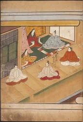 Ülő japán nemesek, illusztráció a „Taishokkan”-ból (tinta és színes papíron)